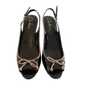 Cole Haan Black Patent Leather Slingback Peep Toe Heels Women 8.5